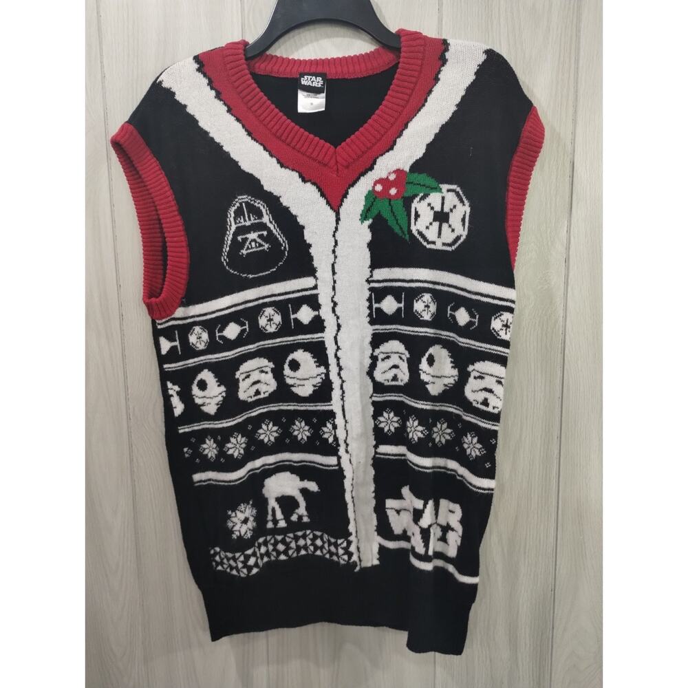 Star Wars Sleeveless Sweater Vest Size M Black Red & White Trim Ugly Sweater